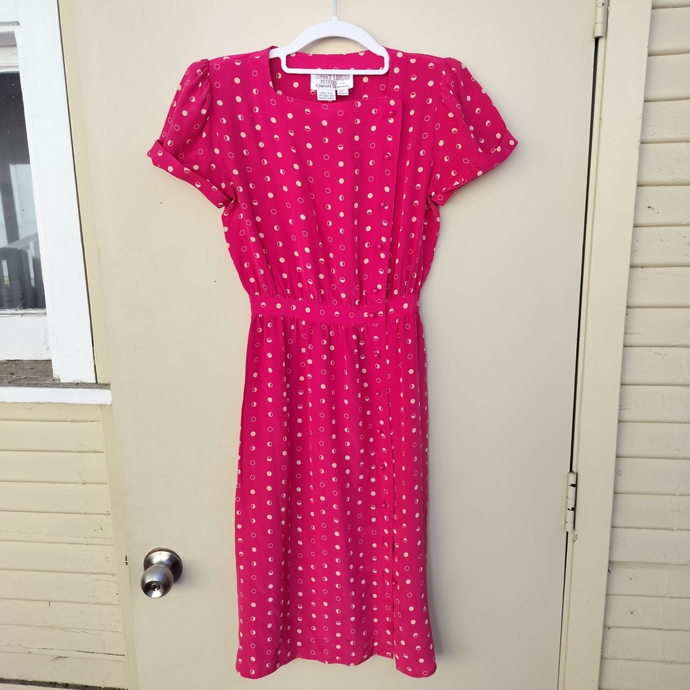 Vintage Maggy‎ London Petites Casual Corner Pink Polka Dot Silk A-line Dress